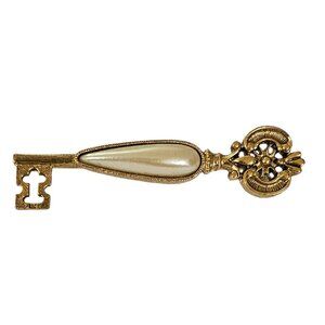 1928 Brand Gold Tone Faux Pearl Skeleton Key Brooch Pin L263